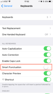 Disable "Smart Punctuation" in iOS 11 Keyboard Settings